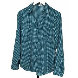 Express Top Long Sleeve Button Up Collar Shirt Green Polka Dot Blouse‎ Medium